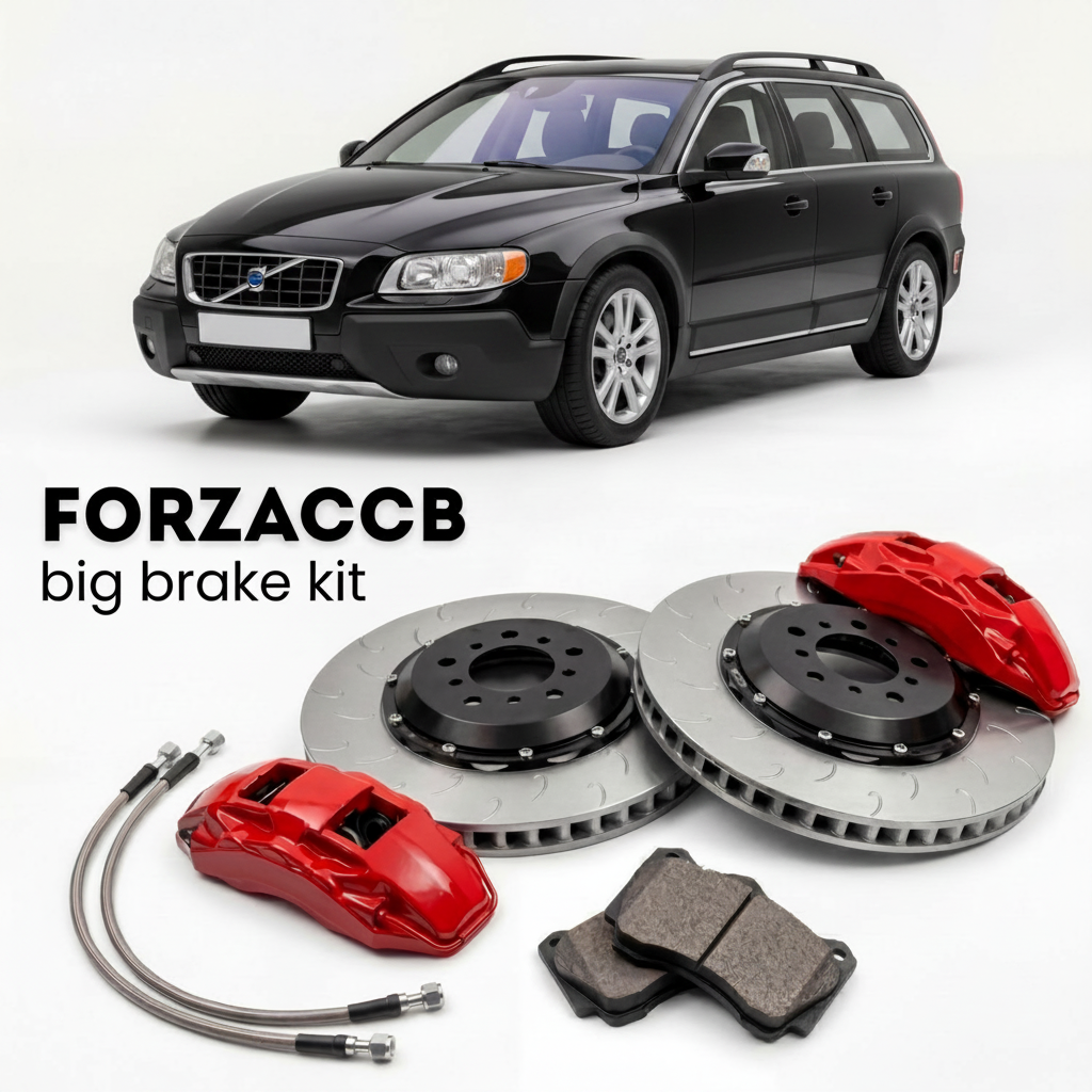 Black Volvo XC70 facelift 2004) (2005-2007 (I) shown above a ForzaCCB iron rotor big brake kit with 2x red 6-piston front calipers, 2x two-piece floating ventilated brake discs 380 mm, set of brake pads, and brake lines.