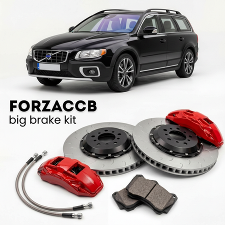 Black Volvo XC70 facelift 2013) (2013-2016 (II) shown above a ForzaCCB iron rotor big brake kit with 2x red 6-piston front calipers, 2x two-piece floating ventilated brake discs 380 mm, set of brake pads, and brake lines.