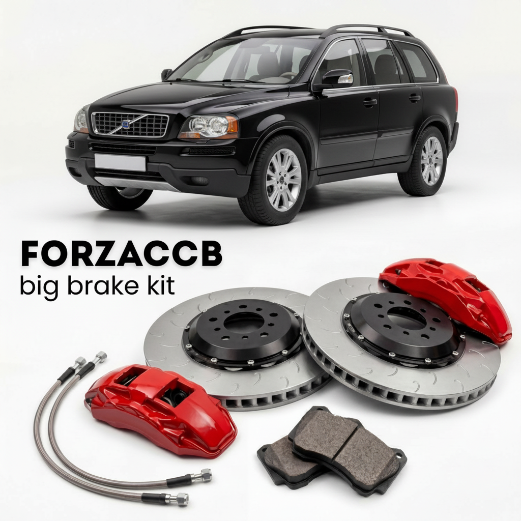 Black Volvo XC90 (2005-2006) shown above a ForzaCCB iron rotor big brake kit with 2x red 6-piston front calipers, 2x two-piece floating ventilated brake discs 380 mm, set of brake pads, and brake lines.