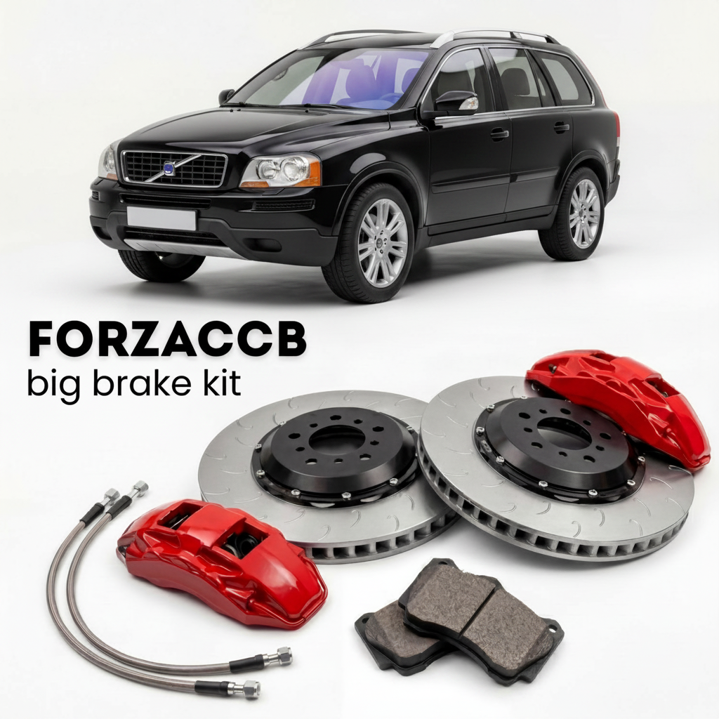 Black Volvo XC90 facelift 2007 (2007-2014) shown above a ForzaCCB iron rotor big brake kit with 2x red 6-piston front calipers, 2x two-piece floating ventilated brake discs 380 mm, set of brake pads, and brake lines.