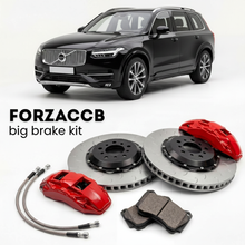 Black Volvo XC90 II (2015-2019) shown above a ForzaCCB iron rotor big brake kit with 2x red 6-piston front calipers, 2x two-piece floating ventilated brake discs 380 mm, set of brake pads, and brake lines.