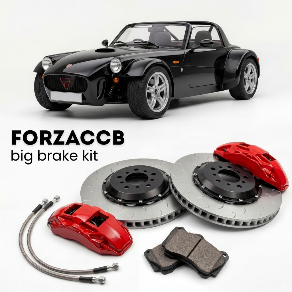 Black Westfield Megabusa (2000-2015) shown above a ForzaCCB iron rotor big brake kit with 2x red 6-piston front calipers, 2x two-piece floating ventilated brake discs 380 mm, set of brake pads, and brake lines.