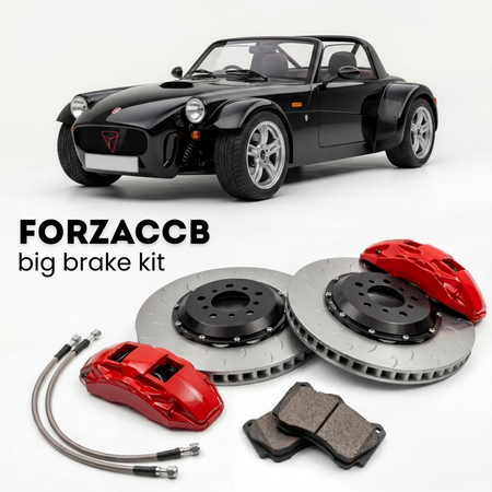 Black Westfield Megabusa (2000-2015) shown above a ForzaCCB iron rotor big brake kit with 2x red 6-piston front calipers, 2x two-piece floating ventilated brake discs 380 mm, set of brake pads, and brake lines.