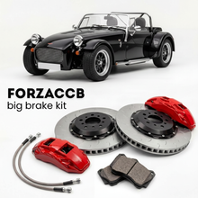 Black Westfield SEiGHT (2000-2015) shown above a ForzaCCB iron rotor big brake kit with 2x red 6-piston front calipers, 2x two-piece floating ventilated brake discs 380 mm, set of brake pads, and brake lines.