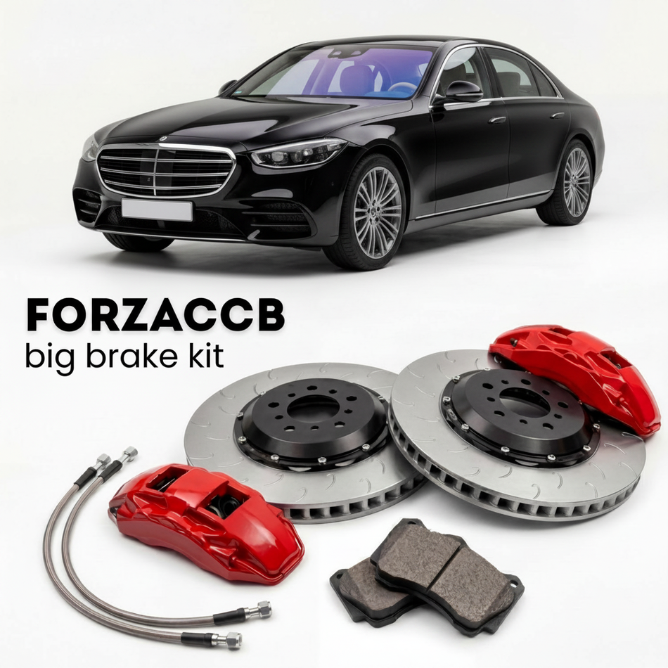 Black Westfield Upgrade (+) shown above a ForzaCCB iron rotor big brake kit with 2x red 6-piston front calipers, 2x two-piece floating ventilated brake discs 380 mm, set of brake pads, and brake lines.