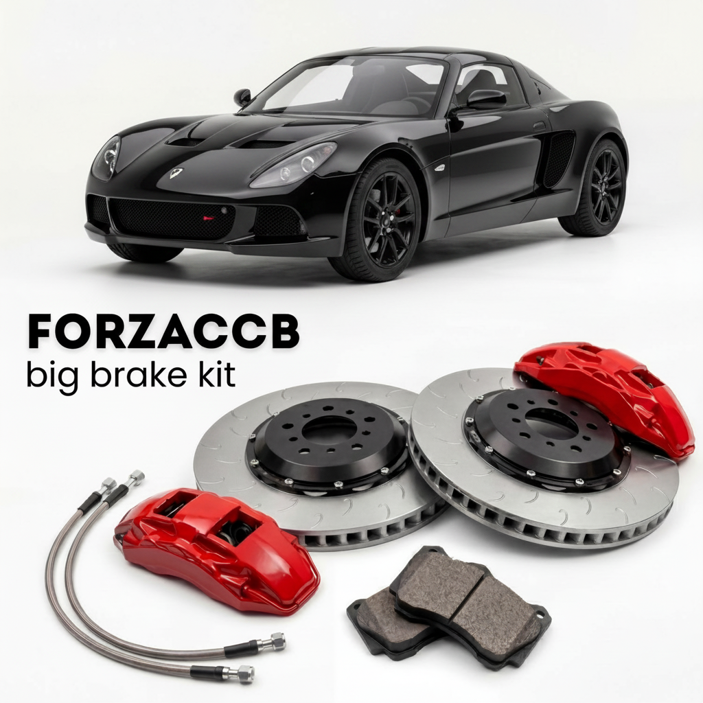 Black Zenos E10 (2015-2016) shown above a ForzaCCB iron rotor big brake kit with 2x red 6-piston front calipers, 2x two-piece floating ventilated brake discs 380 mm, set of brake pads, and brake lines.