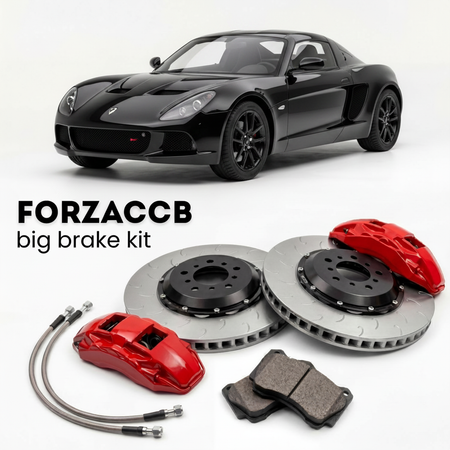 Black Zenos E10 (2015-2016) shown above a ForzaCCB iron rotor big brake kit with 2x red 6-piston front calipers, 2x two-piece floating ventilated brake discs 380 mm, set of brake pads, and brake lines.
