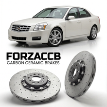 ForzaCCB direct OEM replacement carbon ceramic brake rotors for 2006 to 2010 Cadillac BLS models, shown with a white Cadillac BLS car.
