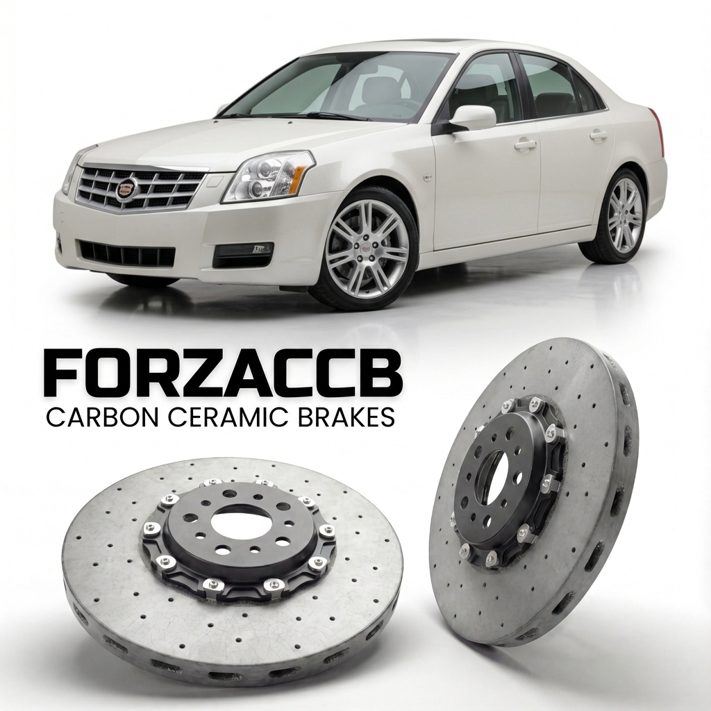 ForzaCCB direct OEM replacement carbon ceramic brake rotors for 2006 to 2010 Cadillac BLS models, shown with a white Cadillac BLS car.