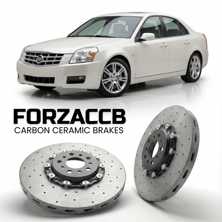 ForzaCCB direct OEM replacement carbon ceramic brake rotors for 2006 to 2010 Cadillac BLS models, shown with a white Cadillac BLS car.
