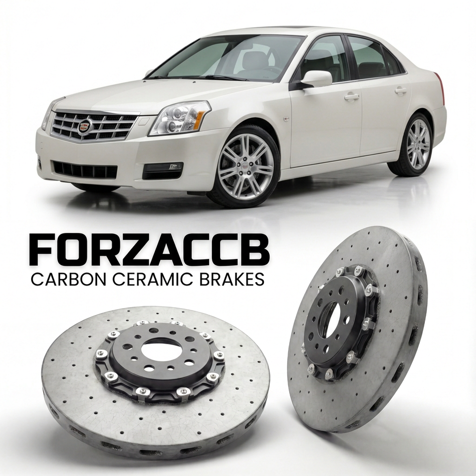 ForzaCCB direct OEM replacement carbon ceramic brake rotors for 2006 to 2010 Cadillac BLS models, shown with a white Cadillac BLS car.