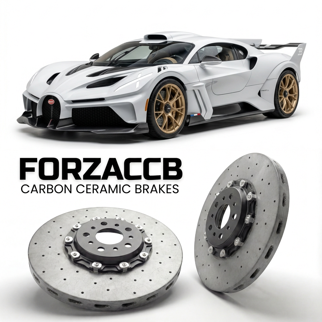 ForzaCCB direct OEM replacement carbon ceramic brake rotors for 2021 and newer Bugatti Bolide models, shown with a white Bugatti Bolide car.