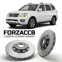 ForzaCCB direct OEM replacement carbon ceramic brake rotors for 2008 to 2016 Kia Borrego models, shown with a white Kia Borrego car.
