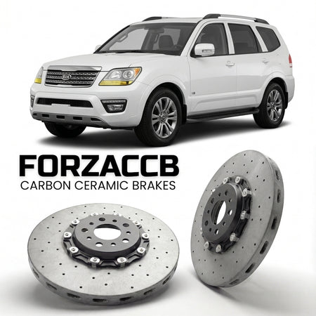 ForzaCCB direct OEM replacement carbon ceramic brake rotors for 2008 to 2016 Kia Borrego models, shown with a white Kia Borrego car.