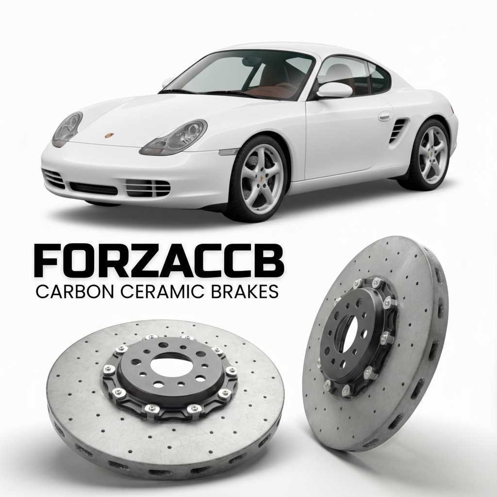 ForzaCCB direct OEM replacement carbon ceramic brake rotors for 1997 to 2004 Porsche Boxster 986 models, shown with a white Porsche Boxster car.