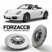 ForzaCCB direct OEM replacement carbon ceramic brake rotors for 2005 to 2012 Porsche Boxster models, shown with a white Porsche Boxster car.