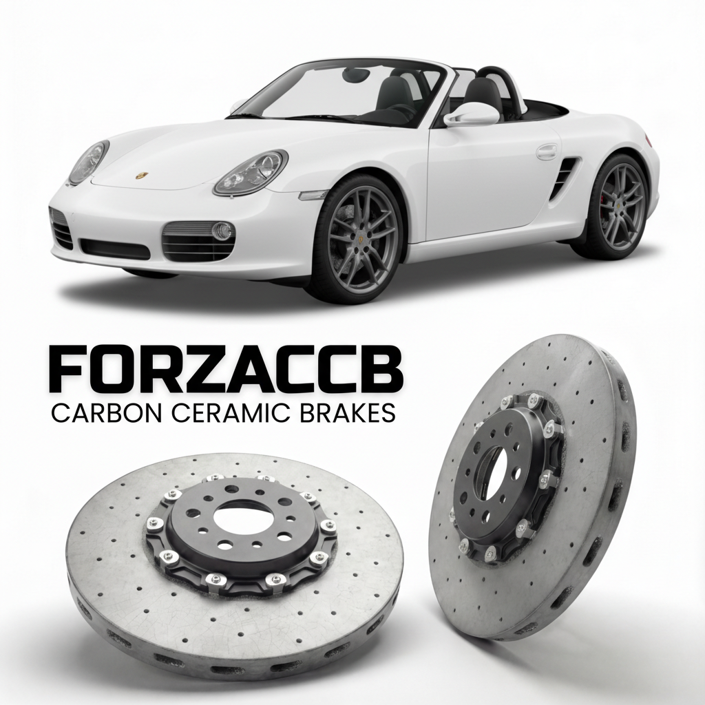 ForzaCCB direct OEM replacement carbon ceramic brake rotors for 2005 to 2012 Porsche Boxster models, shown with a white Porsche Boxster car.