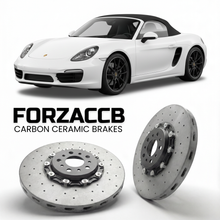 ForzaCCB direct OEM replacement carbon ceramic brake rotors for 2013 to 2016 Porsche Boxster models, shown with a white Porsche Boxster car.