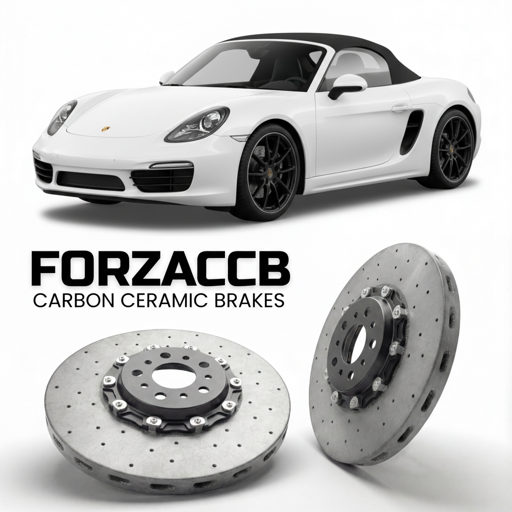 ForzaCCB direct OEM replacement carbon ceramic brake rotors for 2013 to 2016 Porsche Boxster models, shown with a white Porsche Boxster car.