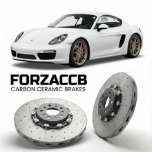 ForzaCCB direct OEM replacement carbon ceramic brake rotors for 2013 to 2016 Porsche Boxster GTS 981 models, shown with a white Porsche Boxster GTS car.