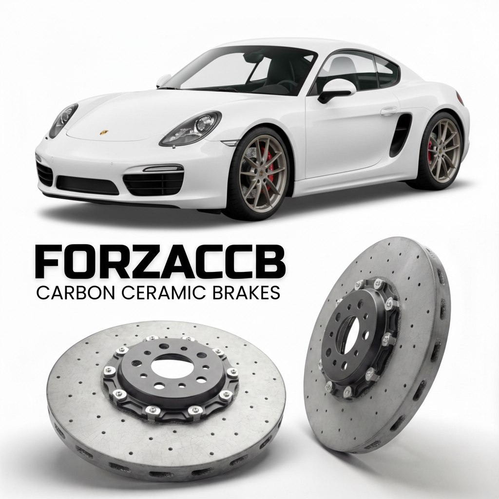 ForzaCCB direct OEM replacement carbon ceramic brake rotors for 2013 to 2016 Porsche Boxster GTS 981 models, shown with a white Porsche Boxster GTS car.