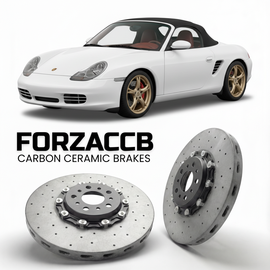 ForzaCCB direct OEM replacement carbon ceramic brake rotors for 2000 to 2004 Porsche Boxster S 986 models, shown with a white Porsche Boxster S car.