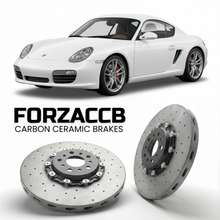ForzaCCB direct OEM replacement carbon ceramic brake rotors for 2005 to 2012 Porsche Boxster S models, shown with a white Porsche Boxster S car.