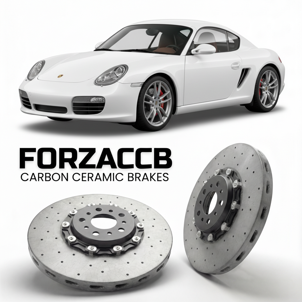 ForzaCCB direct OEM replacement carbon ceramic brake rotors for 2005 to 2012 Porsche Boxster S models, shown with a white Porsche Boxster S car.