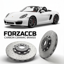 ForzaCCB direct OEM replacement carbon ceramic brake rotors for 2013 to 2016 Porsche Boxster S models, shown with a white Porsche Boxster S car.