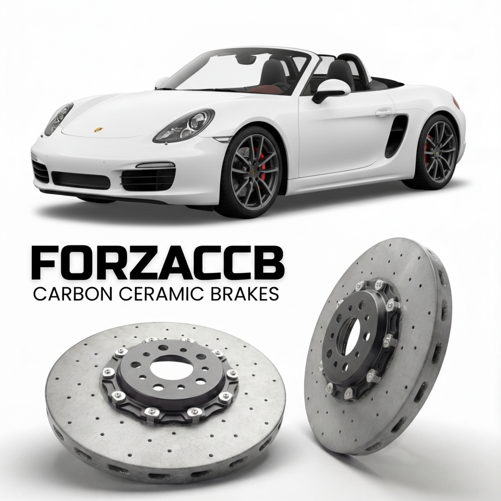 ForzaCCB direct OEM replacement carbon ceramic brake rotors for 2013 to 2016 Porsche Boxster S models, shown with a white Porsche Boxster S car.