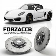 ForzaCCB direct OEM replacement carbon ceramic brake rotors for 2011 to 2012 Porsche Boxster Spyder models, shown with a white Porsche Boxster Spyder car.