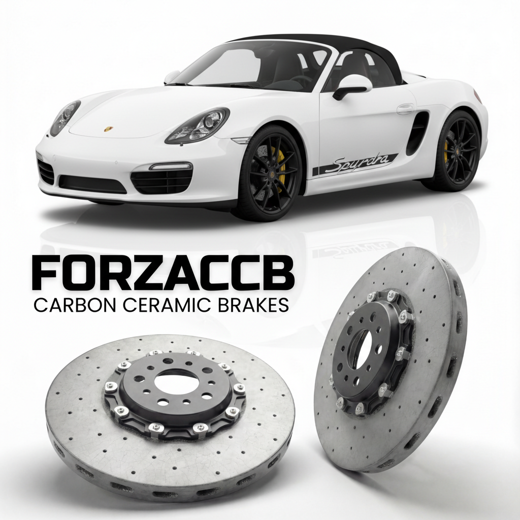 ForzaCCB direct OEM replacement carbon ceramic brake rotors for 2011 to 2012 Porsche Boxster Spyder models, shown with a white Porsche Boxster Spyder car.