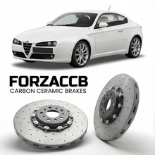 ForzaCCB direct OEM replacement carbon ceramic brake rotors for 2005 to 2010 Alfa Romeo Brera models, shown with a white Alfa Romeo Brera car.