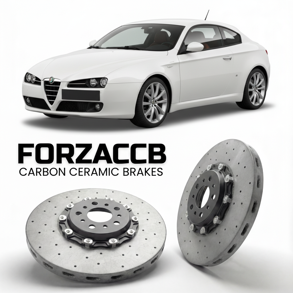 ForzaCCB direct OEM replacement carbon ceramic brake rotors for 2005 to 2010 Alfa Romeo Brera models, shown with a white Alfa Romeo Brera car.