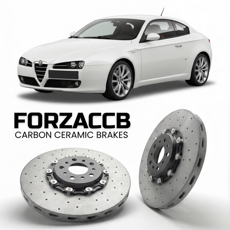 ForzaCCB direct OEM replacement carbon ceramic brake rotors for 2005 to 2010 Alfa Romeo Brera models, shown with a white Alfa Romeo Brera car.