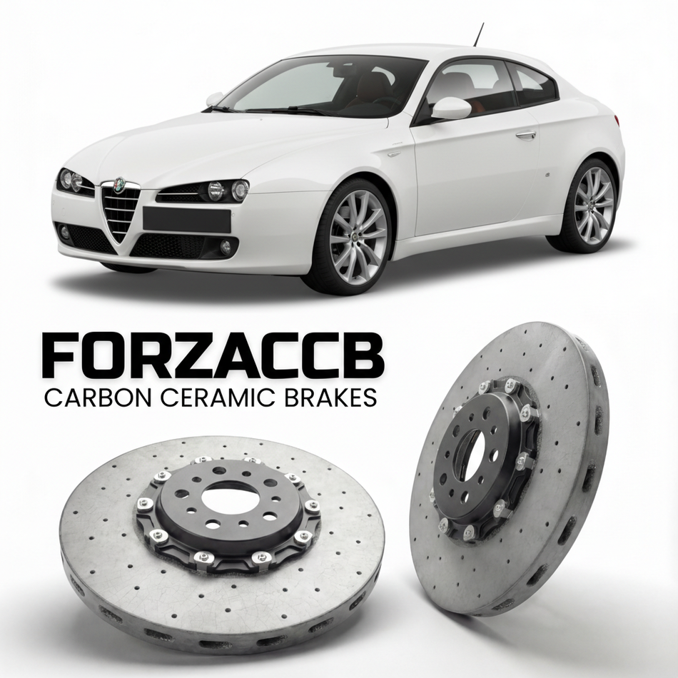 ForzaCCB direct OEM replacement carbon ceramic brake rotors for 2005 to 2010 Alfa Romeo Brera models, shown with a white Alfa Romeo Brera car.