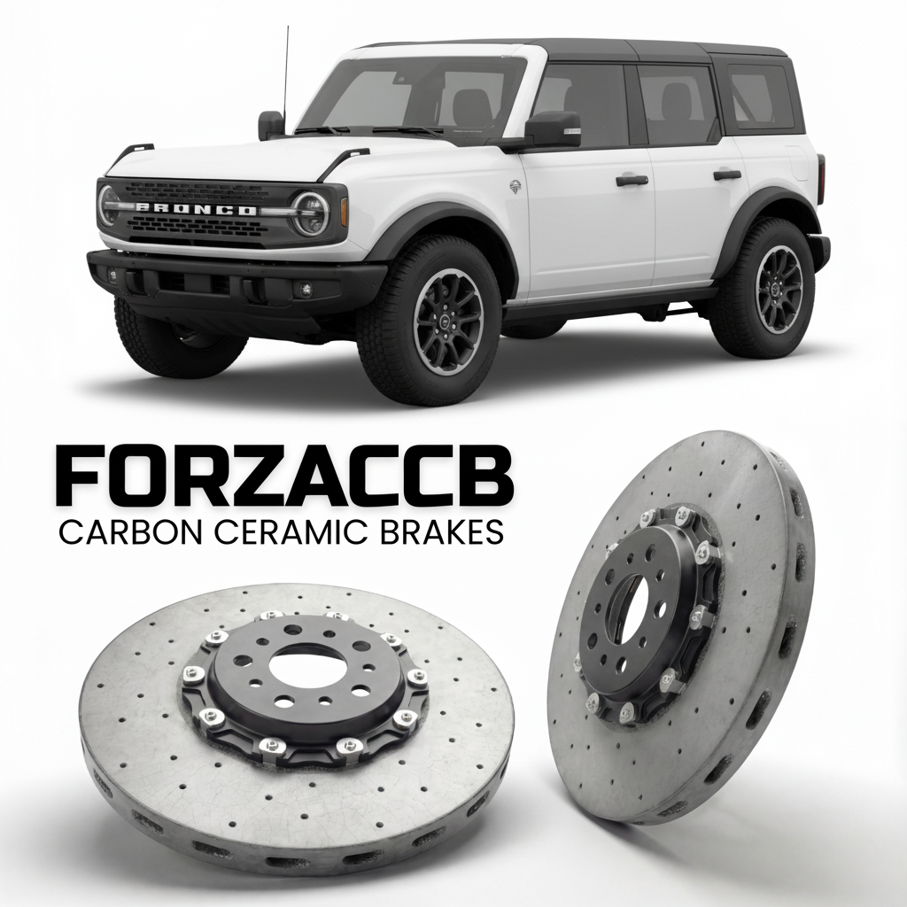 ForzaCCB direct OEM replacement carbon ceramic brake rotors for 2020 and newer Ford Bronco VI Four-door models, shown with a white Ford Bronco car.
