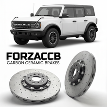 ForzaCCB direct OEM replacement carbon ceramic brake rotors for 2020 and newer Ford Bronco VI Four-door models, shown with a white Ford Bronco car.