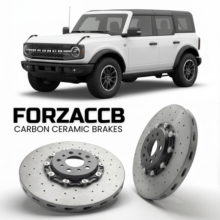 ForzaCCB direct OEM replacement carbon ceramic brake rotors for 2020 and newer Ford Bronco VI Four-door models, shown with a white Ford Bronco car.