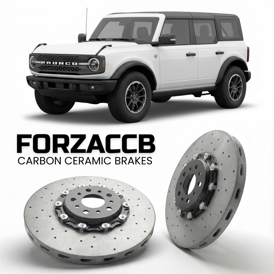 ForzaCCB direct OEM replacement carbon ceramic brake rotors for 2020 and newer Ford Bronco VI Four-door models, shown with a white Ford Bronco car.