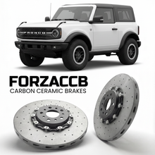 ForzaCCB direct OEM replacement carbon ceramic brake rotors for 2020 and newer Ford Bronco VI Two-door models, shown with a white Ford Bronco car.
