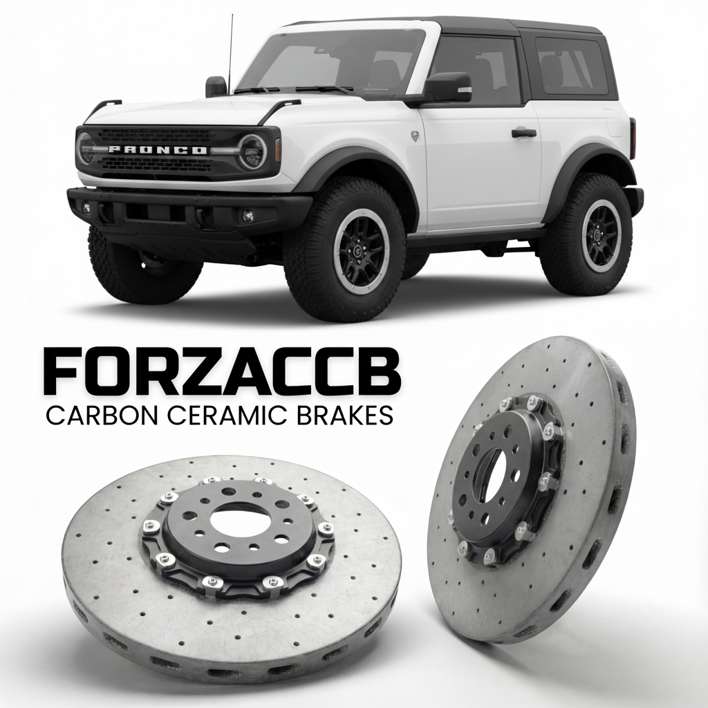 ForzaCCB direct OEM replacement carbon ceramic brake rotors for 2020 and newer Ford Bronco VI Two-door models, shown with a white Ford Bronco car.