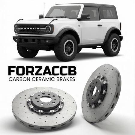 ForzaCCB direct OEM replacement carbon ceramic brake rotors for 2020 and newer Ford Bronco VI Two-door models, shown with a white Ford Bronco car.