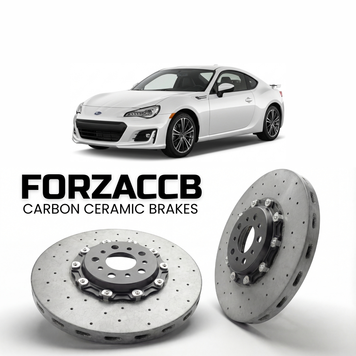 ForzaCCB direct OEM replacement carbon ceramic brake rotors for 2012 and newer Subaru BRZ models, shown with a white Subaru BRZ car.