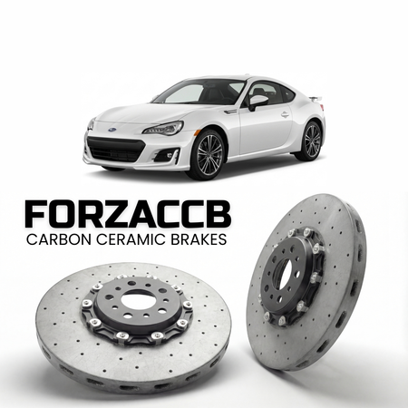 ForzaCCB direct OEM replacement carbon ceramic brake rotors for 2012 and newer Subaru BRZ models, shown with a white Subaru BRZ car.