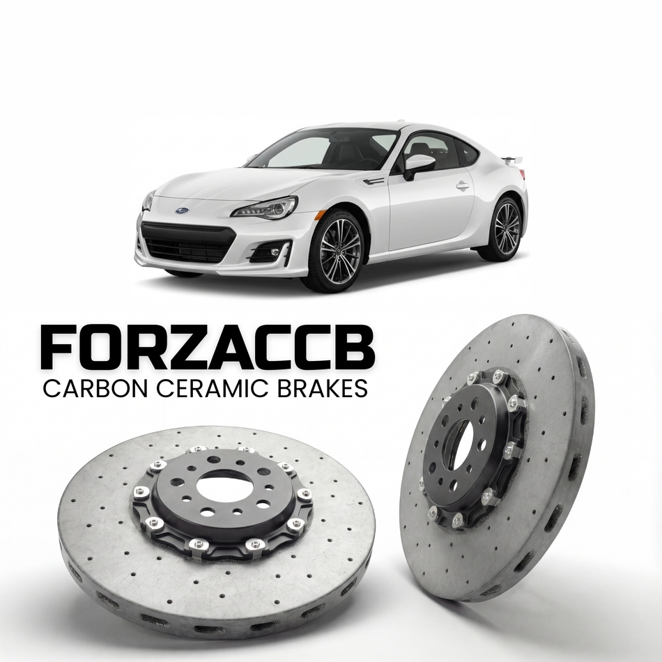 ForzaCCB direct OEM replacement carbon ceramic brake rotors for 2012 and newer Subaru BRZ models, shown with a white Subaru BRZ car.
