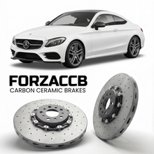 ForzaCCB direct OEM replacement carbon ceramic brake rotors for 2016 to 2023 Mercedes-Benz C 300 Coupé C205 models, shown with a white Mercedes-Benz C 300 Coupé car.