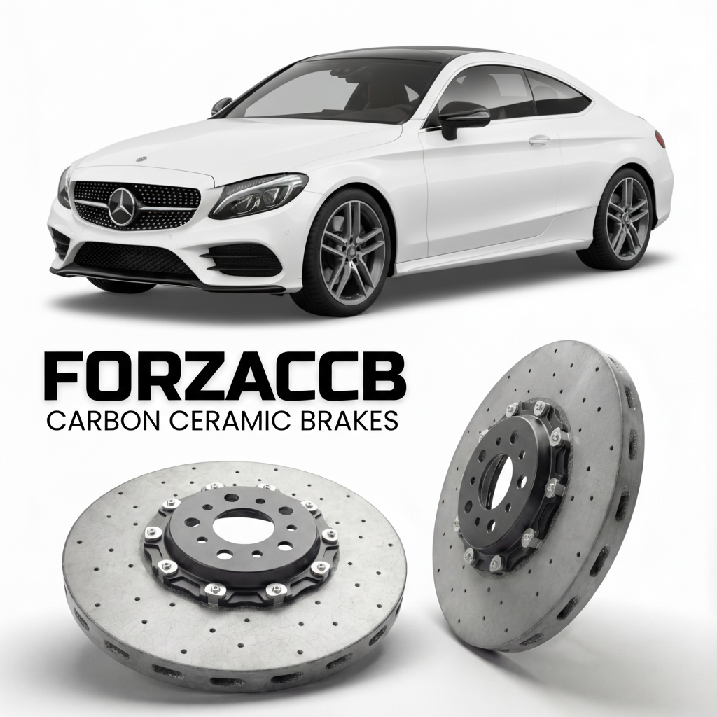 ForzaCCB direct OEM replacement carbon ceramic brake rotors for 2016 to 2023 Mercedes-Benz C 300 Coupé C205 models, shown with a white Mercedes-Benz C 300 Coupé car.