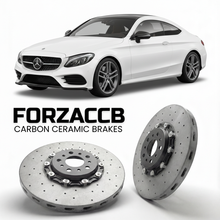 ForzaCCB direct OEM replacement carbon ceramic brake rotors for 2016 to 2023 Mercedes-Benz C 300 Coupé C205 models, shown with a white Mercedes-Benz C 300 Coupé car.
