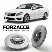 ForzaCCB direct OEM replacement carbon ceramic brake rotors for 2011 to 2015 Mercedes-Benz C 350 Coupé C204 models, shown with a white Mercedes-Benz C 350 Coupé car.